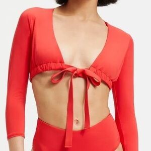 Good American Red Sexy Boost 3/4 Sleeve Bikini Swim Top Size 2 Medium